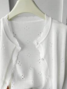 SHEIN Tween女孩白色提花針織休閒開襟針織衫 - 白色 - 查看 5