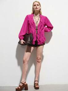 Aveloria Modichic Olive Green Pleated Women's Blouse, Lightweight Linen-Like Fabric, Layered Ruffle Design, Puff Sleeve, Vintage French Style, Loose Fit, Romantic Vacation, Ruffle Blouse, Statement Sleeve, Quiet Luxury, Romantic Core, Vintage Revival, Suitable For Commuting, Casual, Dating, Urban Street Style, Versatile For Multiple Occasions - Hot Pink - View 5