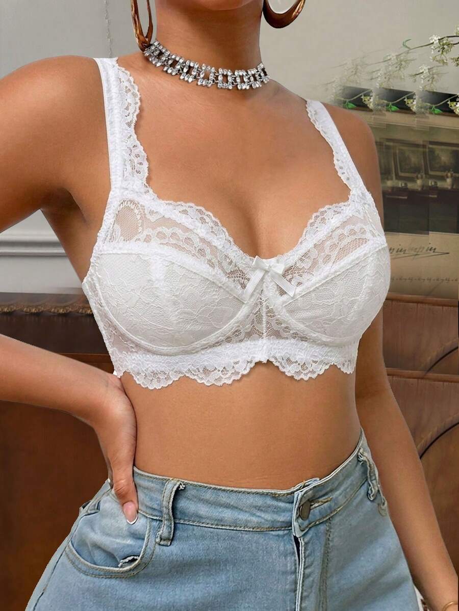 SHEIN قطعة واحدة حمالة صدر نسائية من الدانتيل بدون سلك - أبيض - مشاهدة 1