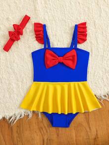SHEIN Baby Girls' Bow Tie And Ruffled Splicing Color Fashionable Swimsuit For Holiday,Getaway,Holiday,Travel,Relax,Summer,Holiday - Multicolor - View 3