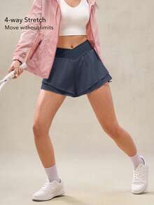 OutZeal Women Tummy Control Stretchy Crossover-Waist Built-In Shorts Double-Layer Hem Sports Shorts Tennis Gym Workout - Dusty Blue - View 4