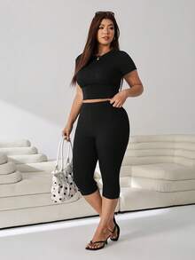 Solflare Plus Size Casual Versatile Solid Color High Waist Leggings - Black - View 6