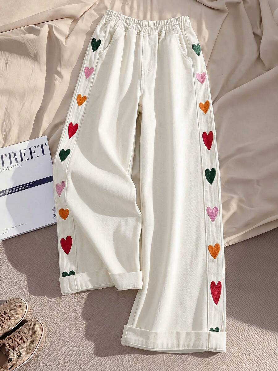 EMERY ROSE Plus Size Women's Heart Pattern Pocket Wide Leg Casual Denim Jeans - Beige - View 1