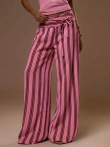 MUSERA Thick Tie Waistband Wide Leg Striped Trouser Summer Spring Sexy Cute Holiday Vacation Going Out Occasion Ibiza Elegant Sunset Ties Party - Pink - View 2