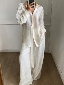 DAZY 女款純色腰部綁帶休閒百搭日常穿著襯衫 - 杏色 - 查看 8