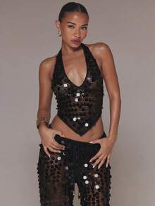 MUSERA Sequin Halterneck Crop Top Knitted V Hem Fitted Top Ibiza Holiday Vacation Beach Boho Western Isle Festival Ibiza Rave Going Out Club - Black - View 5