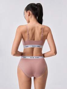 Loungeista 1 set Soutien-gorge et culotte français sexy et ajourés pour femmes, confortable et sans fil. Débardeur imprimé de lettres, beau dos, rembourrage de poitrine enveloppé. Ensemble de soutien-gorge de sport. - Rose bonbon - Voir 2