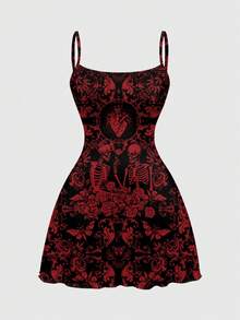 ROMWE Goth 哥德式骷髏愛心暗黑神秘性感女孩全印花迷你女裝洋裝 - 黑色 - 查看 1