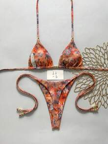 Swim Vcay 女款夏季海灘度假塗鴉印花掛脖綁帶露背性感丁字比基尼套裝 - 彩色 - 查看 2