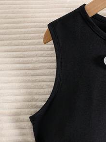 SHEIN 少女單件黑色編織圓領 3D 花卉收腰百褶下擺洋裝，優雅百搭時尚舒適，適合外出、度假、家庭生日派對 - 黑色 - 查看 7