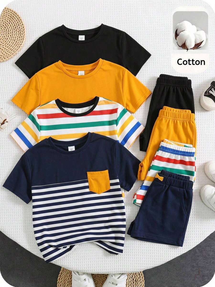 SHEIN 男女通用嬰兒男/女嬰 4件組 春夏休閒可愛短袖T恤套裝,嬰兒男童上衣,嬰兒男童夏季衣物,柔軟舒適 - 彩色 - 查看 1