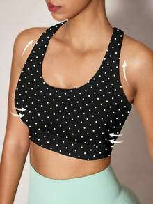 Dewbera Dewbera Women's Polka Dot Print Back Cutout Daily Fitness Sports Bra - Black and White - View 3