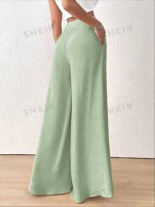 SHEIN Holidaya 女款素色休閒百搭日常穿著寬腿長褲 - 獵人綠 - 查看 2