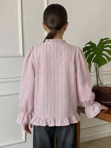 DAZY Round Neck Long Sleeve Striped Loose Casual Shirt With Ruffle Design For Tween Girls Fall - Pink - View 9