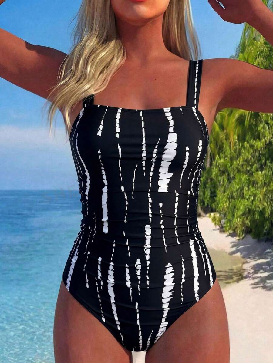 Swim Lushoire 女款寬肩帶優雅顯瘦抓皺漸層連身泳衣 - 黑色 - 查看 1