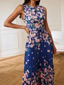 Lilora Floral Round Neck Pleated Dress, High-End Fashion Versatile Elegant Dress, Suitable For Commuting, Daily Tea Party Casual, Outings, Gatherings - Multicolor - View 3