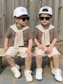 SHEIN 3pcs/Set Young Boys Spring/Summer Casual Preppy Style Short Sleeve Shirt, Polo Shirt And Shorts And Shawl Set, Multi-Piece Outfit With Belt, Suitable For Indoor, Outdoor, Daily, Sports, Play, Party, Photography, Vacation, Holiday, Wedding, Full Moon, Baptism And First Birthday Celebration, Baby Shower - Khaki - View 2