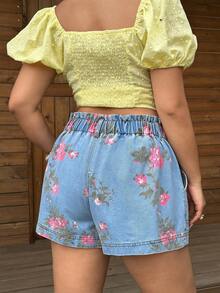 Sunnyshic Damen-Denim Shorts in großen Größen mit Blumenmuster, lässig und vielseitig für den Alltag - Helle Waschung - Übersicht 2