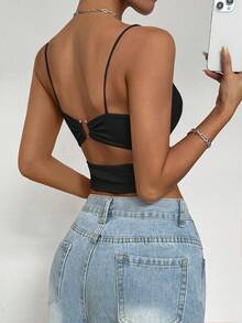 Allurite Women's Metal Buckle Padded Cami Top - Black - View 2