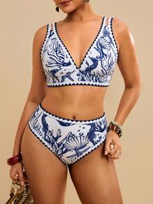 Travachic Plus Size Women Fuchsia Floral Print Swimsuit Set - Blue and White - View 5