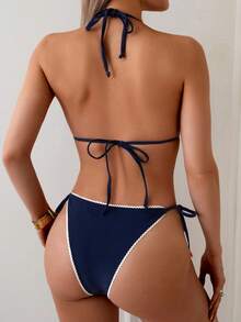 Swim Vcay 女款夏季度假海軍藍與酒紅掛脖三角比基尼套裝，側綁比基尼褲搭配金屬貝殼裝飾，2件式航海風海灘泳衣，返校季，教師 - 彩色 - 查看 5