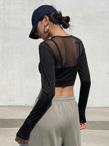 DAZY Women's Sheer Mesh Patchwork Cropped Jacket - Black - View 2