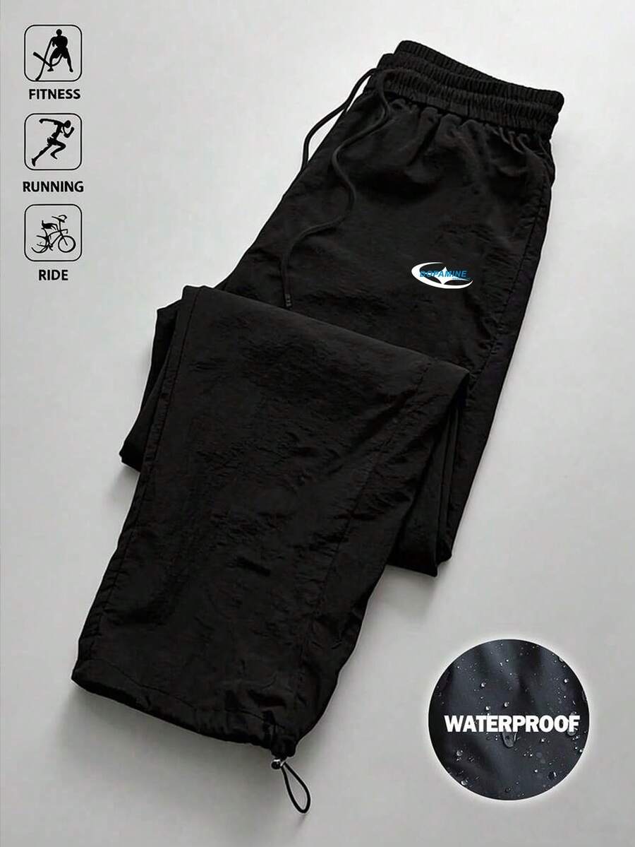 Acti Log Pantalones deportivos largos holgados con cintura con cordón y estampado geométrico para hombre, gimnasio - Negro - Ver 1