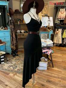 EMERY ROSE Women's Retro Asymmetric Hem Spaghetti Strap Summer Dress - Black - View 4