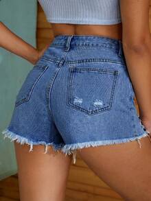 Jeanoix Plus Size Summer Casual Western Distressed Denim Shorts Beach Formal Going Out Blue - Medium Wash - View 2
