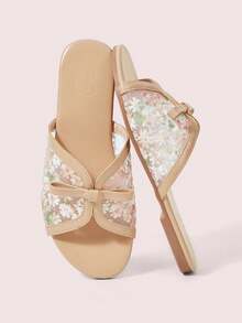 CUCCOO DOLLMOD Women's Shoes Fashion Round Toe Open-Toed Bow Mesh Embroidery Flat Sandals Women's Casual Comfortable Versatile Slippers - Apricot - View 1