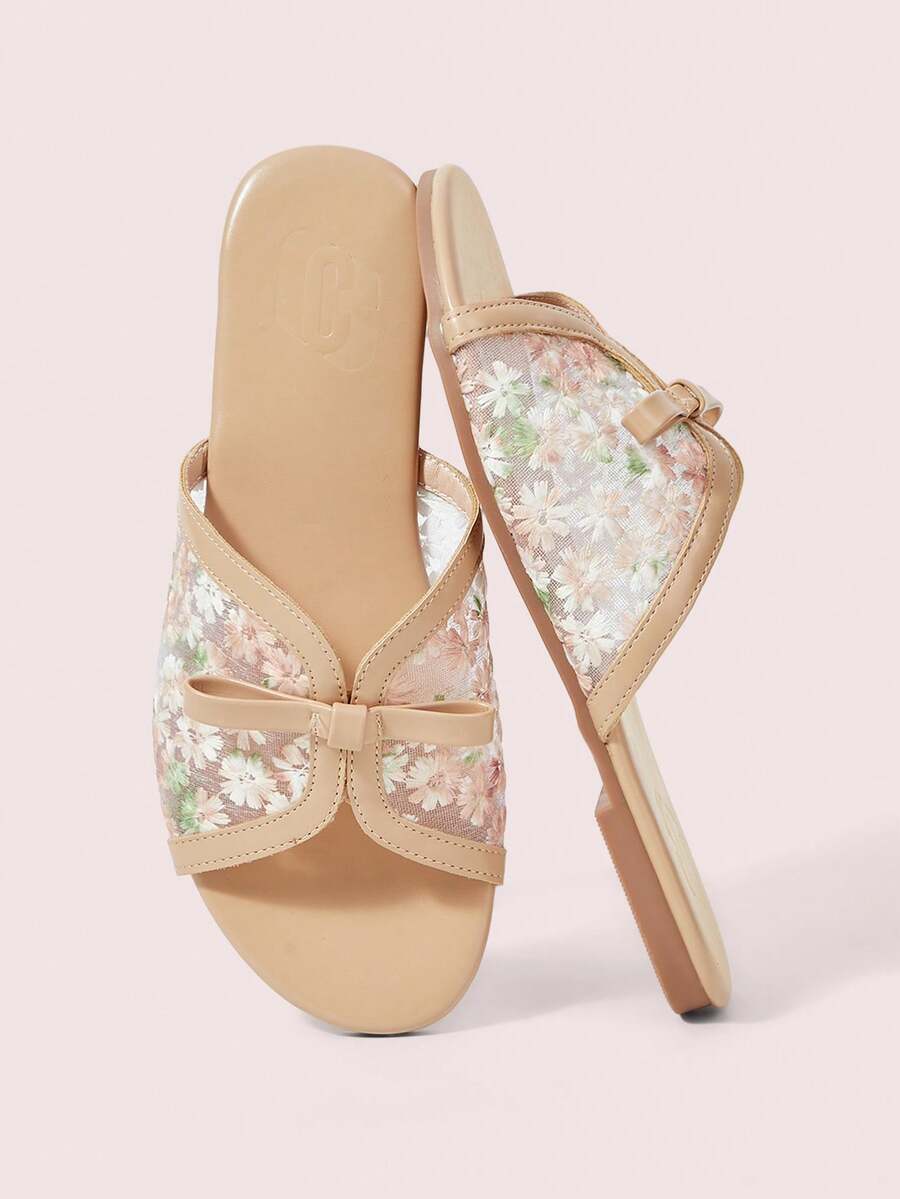 CUCCOO DOLLMOD Women's Shoes Fashion Round Toe Open-Toed Bow Mesh Embroidery Flat Sandals Women's Casual Comfortable Versatile Slippers - Apricot - View 1