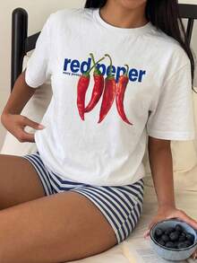 SHEIN EZwear 女款 T-Shirt 與短褲套裝，休閒極簡日常百搭派對聚會機場穿搭 Y2K 上衣，辣椒英文條紋印花圖案，女款夏季套裝，外出穿著 - 彩色 - 查看 4