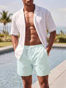 Ocevento Men's Butter Yellow Relaxed Fit Shorts With Fine Vertical Ribbed Texture & Drawstring Waist.  Clean Minimal Summer Vacat - Multicolor - View 3
