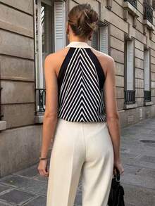 Pariaura Lazy High-End Elegant Printed Halter Neck Tank Top Women's Summer Design Tie-Up Minimalist Sexy Elegant Shirt - Apricot - View 2