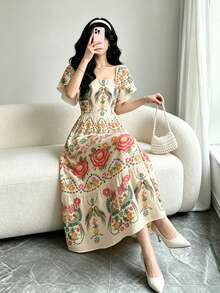 Modelyn 女款花卉印花方領荷葉邊短袖優雅中長洋裝，適合度假 - 彩色 - 查看 5