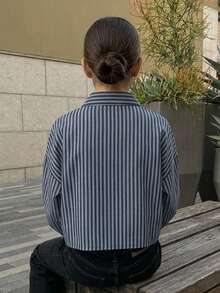 Hapijoa 條紋襯衫領長袖秋季/冬季大童女孩（大號）襯衫夏季 - 藏蓝色 - 查看 2