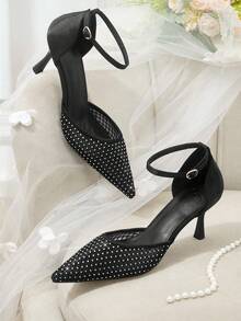 CUCCOO HITCHD Spring And Summer Rhinestone Mesh Splicing Pointed Stiletto Dinner Wind Mesh Satin - Black - View 2