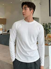 DAZY White Long Sleeve Ribbed Texture Soft Fabric Men's Spring Autumn Base Layer Solid Color T-Shirt - White - View 5