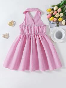 SHEIN Elladie kids 女童夏季新款時尚 Polo 領掛脖露背收腰甜美百搭度假風洋裝，小女孩正式洋裝 - 玫紅色 - 查看 4
