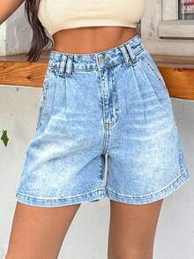 EURMUSE Pantalón corto de corte recto con detalles de cintura alta 100% algodón - Azul lavado medio - Ver 6