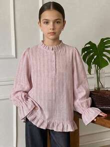 DAZY Round Neck Long Sleeve Striped Loose Casual Shirt With Ruffle Design For Tween Girls Fall - Pink - View 6