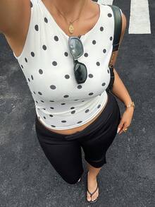 Dazy Plus Plus Size Women's Fitted Polka Dot Crew Neck Padded Top, Casual Blogger Style, Spring/Summer - Apricot - View 2