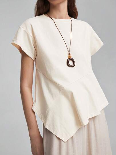 Ontre 2026 New Summer Women's Loose Fit Yellow Short Sleeve T-Shirt, Knit Fabric, Round Neck, Ruffle Hem, Asymmetric Irregular Design, Casual Commute, Urban Modern Minimalist Elegant, Tea Party, Independence Day, Old Money Style, Teacher Outfit, Office Wear, Holiday Outfit, Vacation Date Outfit, Women's Outing Wear, Fashion Versatile Women's Top