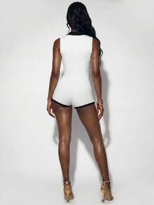 Amplova Women's Sexy Avant-Garde Black & White Colorblock Sleeveless Knit Romper - Black and White - View 2