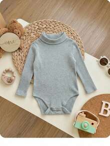 Body de manga larga y cuello alto de color liso para bebé niña, otoño - Gris Claro - Ver 4