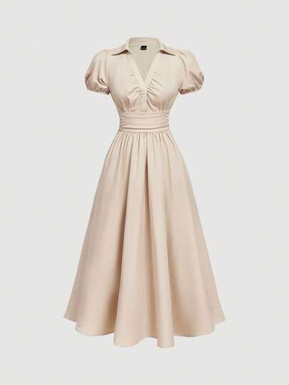 SHEIN MOD Women's Summer Casual Solid Color Puff Sleeve Long Dress