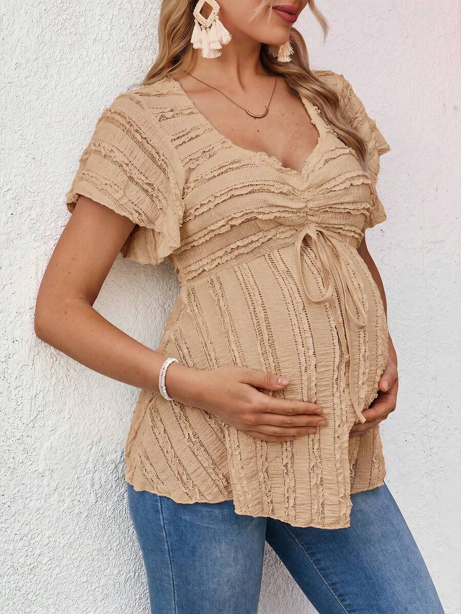 SHEIN Maternity Summer Casual Solid Color Textured T-Shirt - Brown - View 1