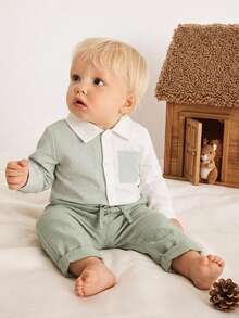 SHEIN Vintaside Kids 男嬰休閒百搭翻領前開扣左胸口袋長袖上衣多件組 - 綠色 - 查看 8