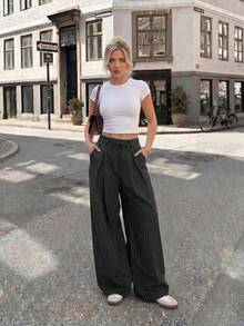 SHEIN PETITE Women's Casual Business Casual Black And White Striped Striped Trousers, High-Quality And Comfortable Texture, New Style For Summer And Autumn 2026 - Black - View 7