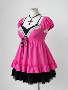 Sunspun Blusa elegante de talla grande con patchwork de gasa, estampado de lunares y decoración de lazo - Rosa Fucsia - Ver 8